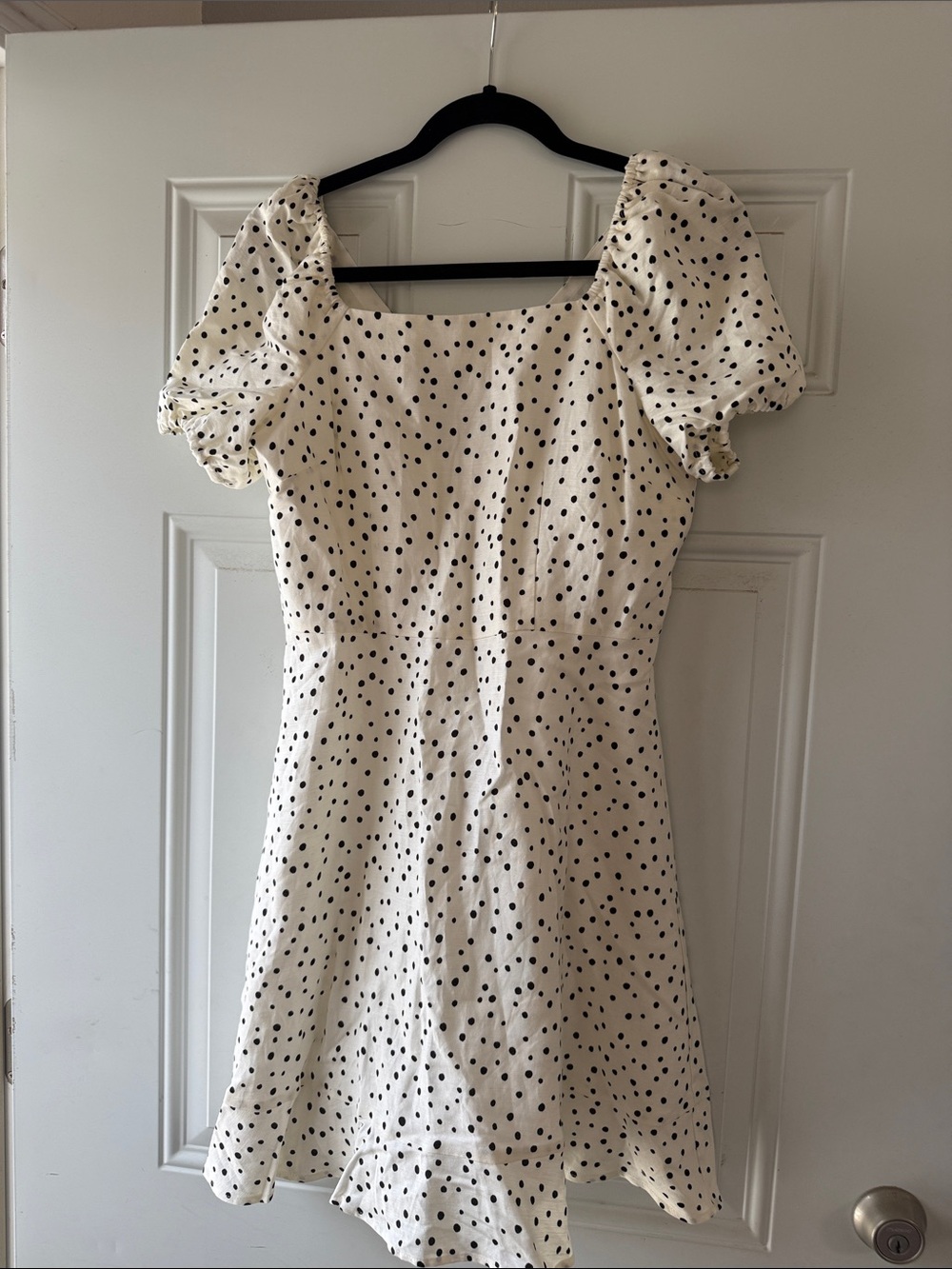 LOFT Cream Dress with Black Polka Dots and Puff Sleeves
